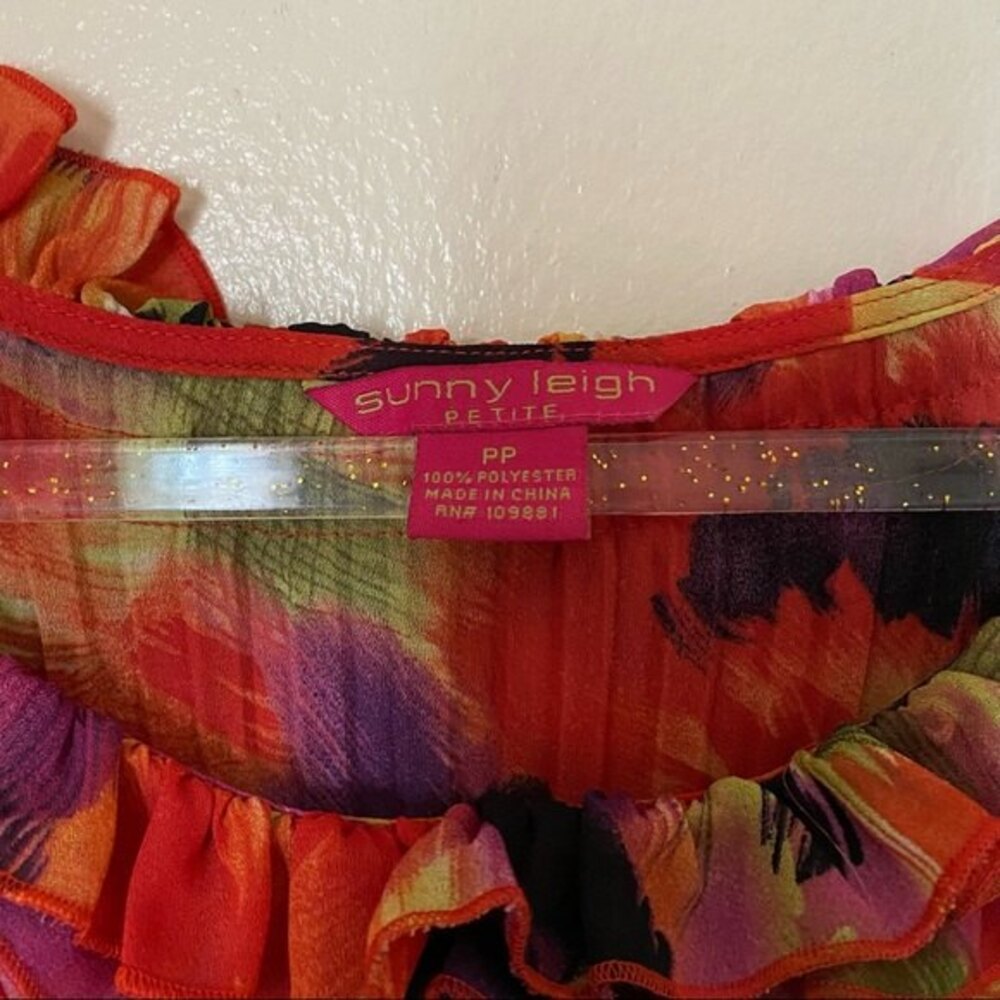 Sunny Leigh Women's Size PP Petite Small Colorful Floral Ruffled Neck Dress - Picture 5 of 6